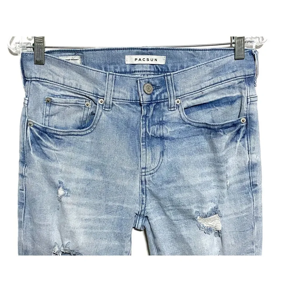 Pacsun Stacked Skinny Blue Jeans Mens 28x30 Distressed Ripped Grunge Skater Y2K - Picture 6 of 10